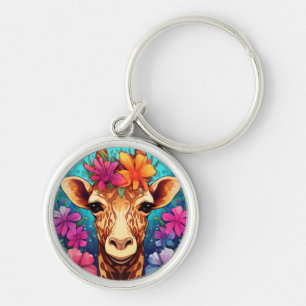 Floral Giraffe Portrait-93132 Key Ring