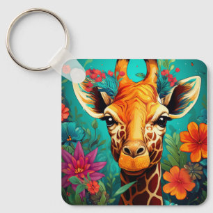 Floral Giraffe Portrait-9319 Key Ring