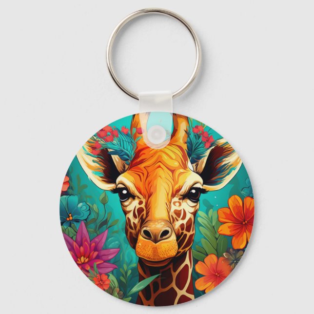 Floral Giraffe Portrait-9319 Key Ring (Front)