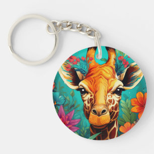 Floral Giraffe Portrait-9319 Key Ring