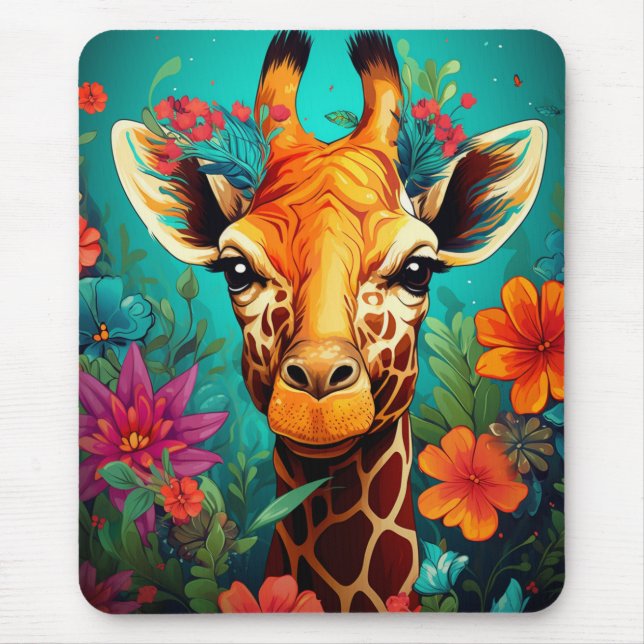 Floral Giraffe Portrait-9319 Mouse Mat (Front)