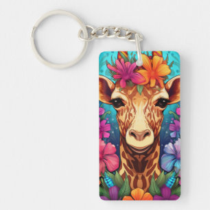Floral Giraffe Portrait-9321 Key Ring