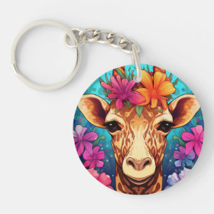 Floral Giraffe Portrait-9321 Key Ring