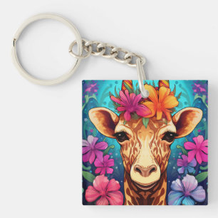 Floral Giraffe Portrait-9321 Key Ring