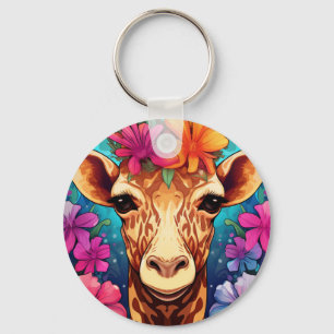 Floral Giraffe Portrait-9321 Key Ring