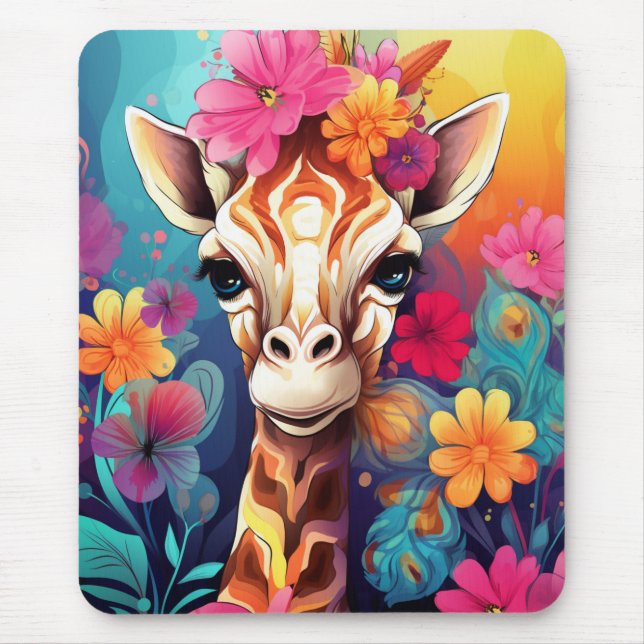 Floral Giraffe Portrait-9321 Mouse Mat (Front)