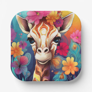 Floral Giraffe Portrait-9321 Paper Plate