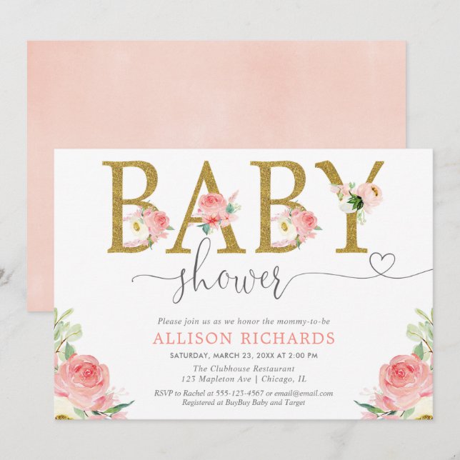 Floral girl baby shower, blush pink gold elegant invitation (Front/Back)