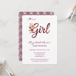 Floral Girl Baby Shower Burgundy Invitation