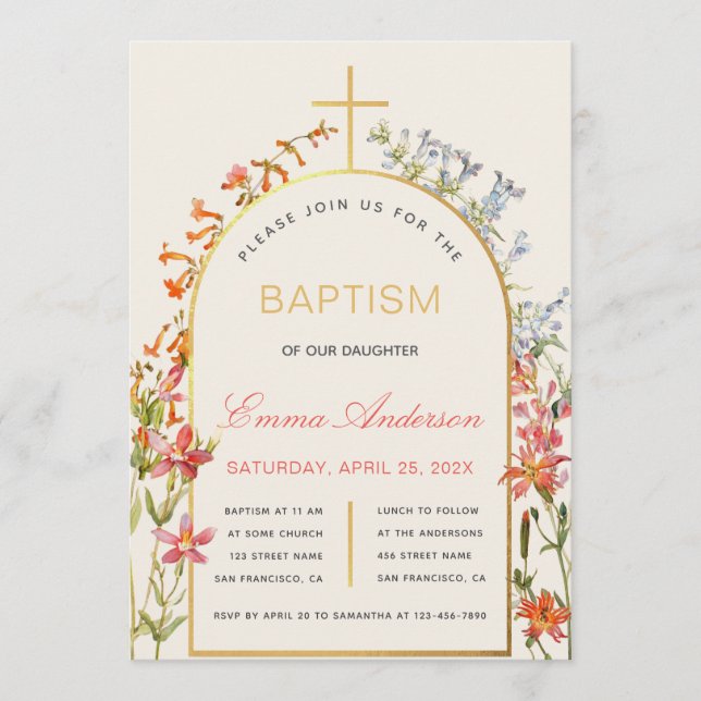 Floral Girl Baptism Gold Cross Arch & Wildflowers Invitation (Front)