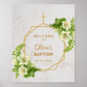 Floral Girl Baptism Gold Marble Lilies Welcome Poster