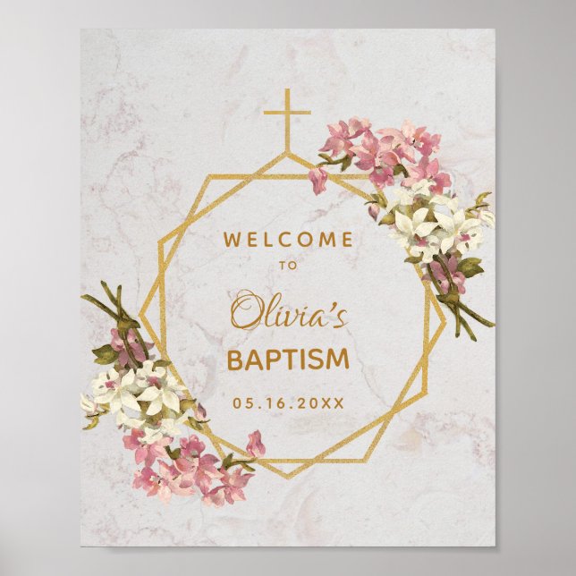 Floral Girl Baptism Gold Marble Orchids Welcome Poster (Front)