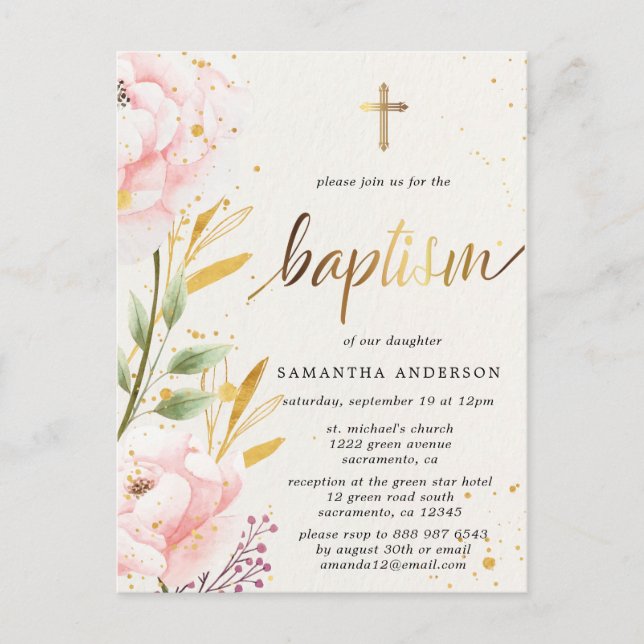 Floral Girl Baptism Invitation Postcard (Front)