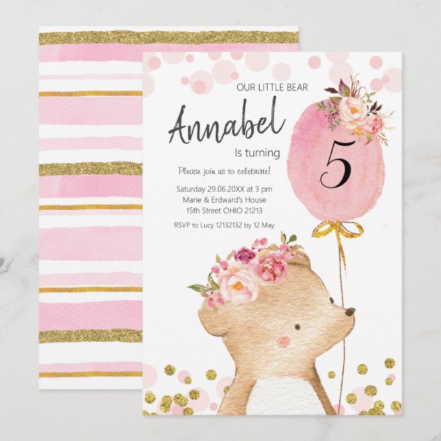 Floral Girl Bear Birthday Invitation (Front/Back)