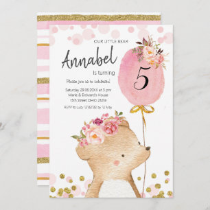 Floral Girl Bear Birthday Invitation