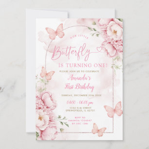 Floral Girl Butterfly is Turning One Birthday Invitation