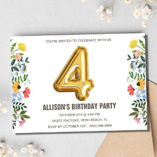 Floral Girl Child 4th Balloon Birthday Party Invitation