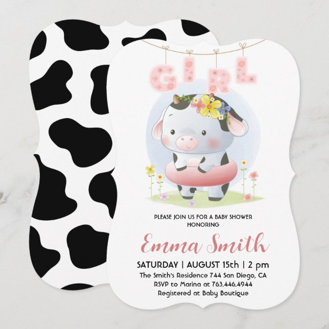 Floral Girl Cow Baby Shower  Invitation (Front/Back)