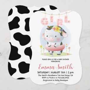 Floral Girl Cow Baby Shower Invitation