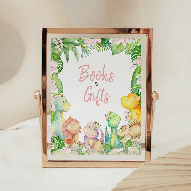 Floral Girl Dinosaur Baby Shower Books and Gifts Poster (Greenery Dinosaur Baby Shower Books and Gifts Sign)