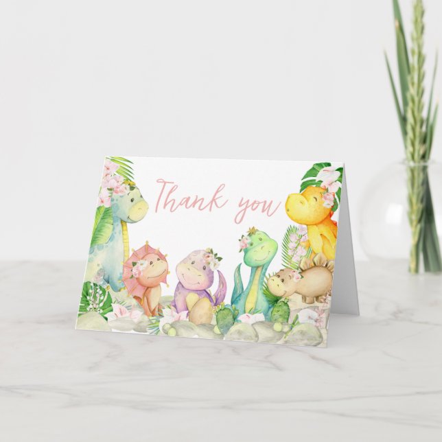 Floral Girl Dinosaur Baby Shower  Thank You Card (Front)
