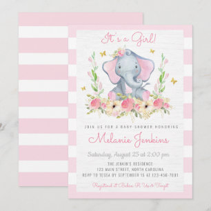 Floral Girl Elephant Baby Shower Invitation