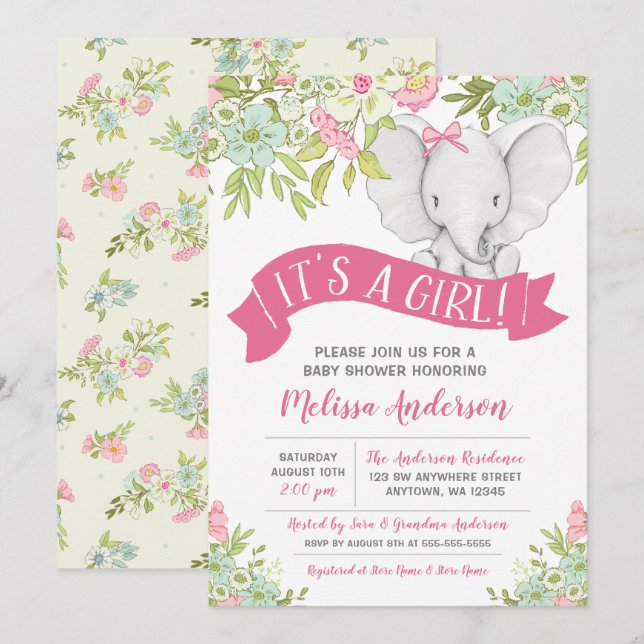 Floral Girl Elephant Baby Shower Invitations (Front/Back)