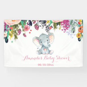 Floral Girl Elephant Baby Shower Pink and Grey Banner