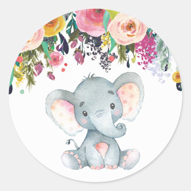 Floral Girl Elephant Baby Shower Pink and Grey Classic Round Sticker (Front)