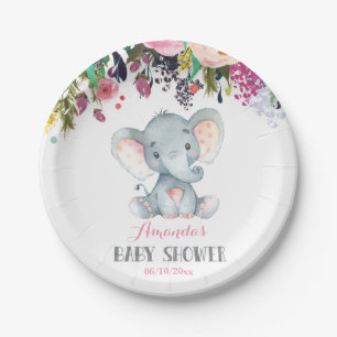 Floral Girl Elephant Baby Shower Pink Paper Plate