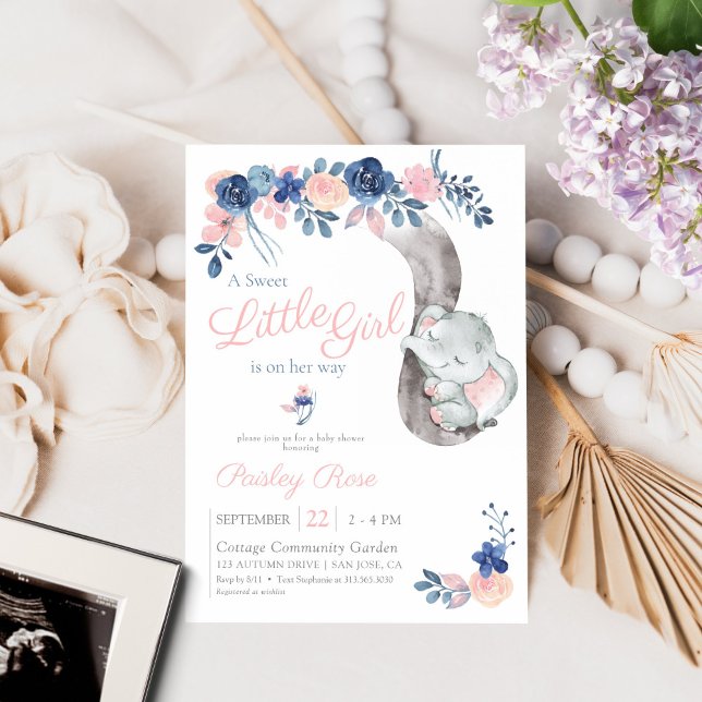 Floral Girl Elephant Navy Blush Baby Shower Invitation (Creator Uploaded)
