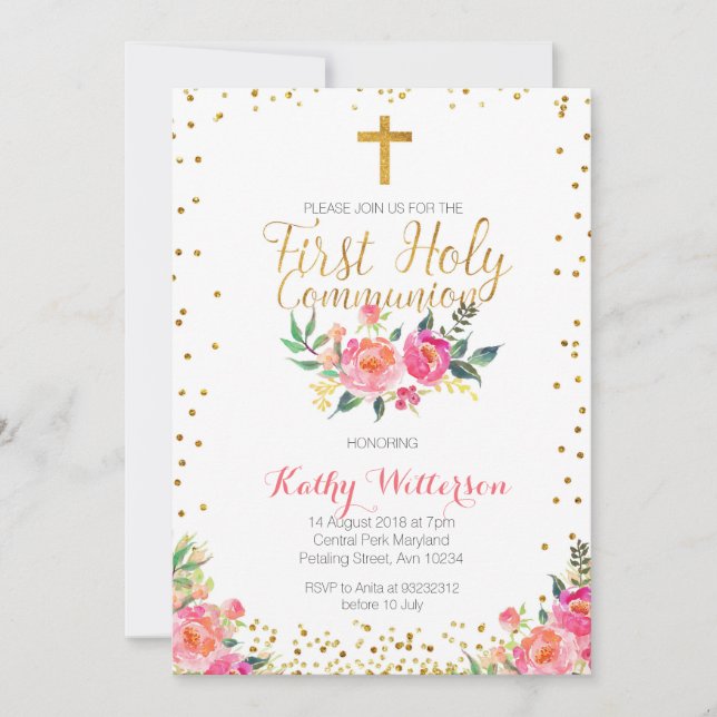 Floral Girl First Holy Communion Invitation (Front)