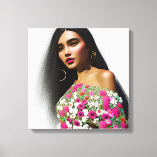 Floral Girl Illustration 3D Art Canvas Print