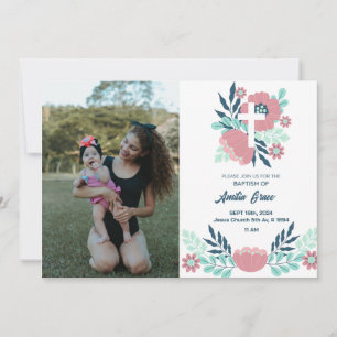 Floral Girl Photo Baptism Invitation - Elegant