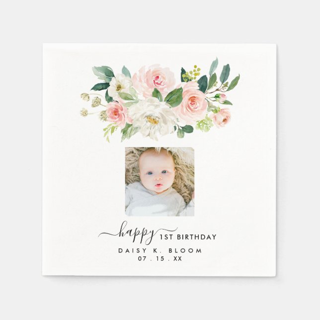 Floral Girl Photo First Birthday Napkin (Front)