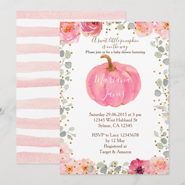 Floral girl pumpkin baby shower watercolor pink invitation (Front/Back)