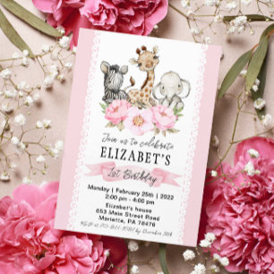 Floral Girl Safari Baby Animals Birthday Invitation