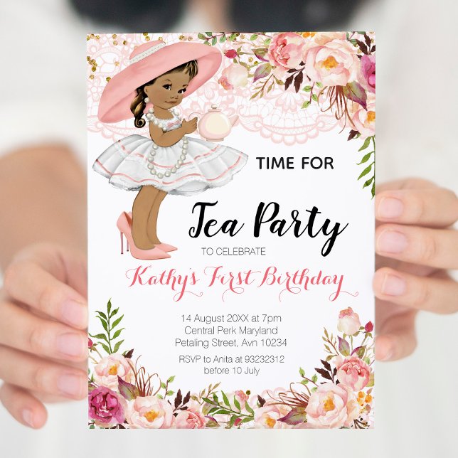 Floral Girl Tea Birthday Party African American Invitation (Creator Uploaded)