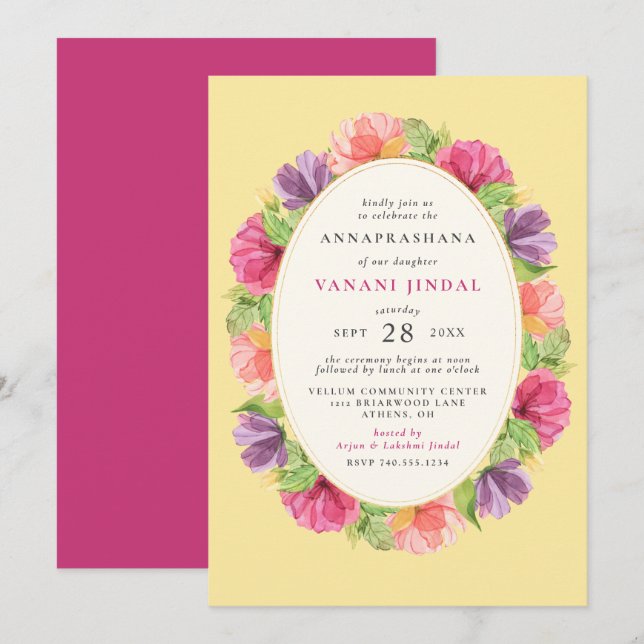 Floral Girls Annaprashana First Rice Ceremony Invitation (Front/Back)