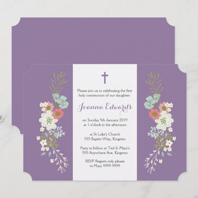 Floral Girls Daughter First Communion Personalised Invitation (Front/Back)