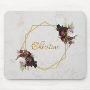 Floral Girly Marble Gold Burgundy Red Peonies Name Mouse Mat