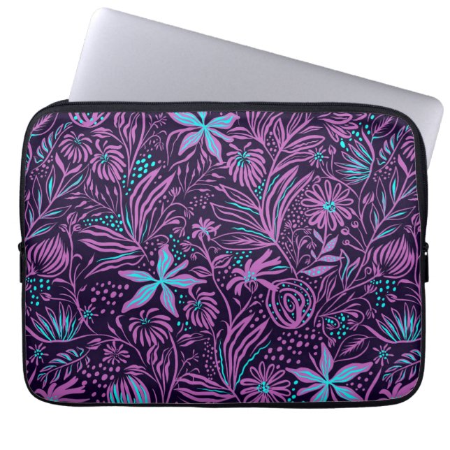 Floral Girly Pink Purple Teal Black Pattern Modern Laptop Sleeve (Front)
