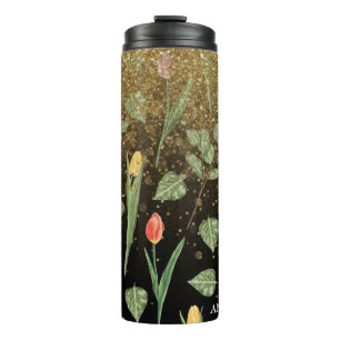 *~* Floral Girly Pink Yellow TULIPS Gold Glitter Thermal Tumbler