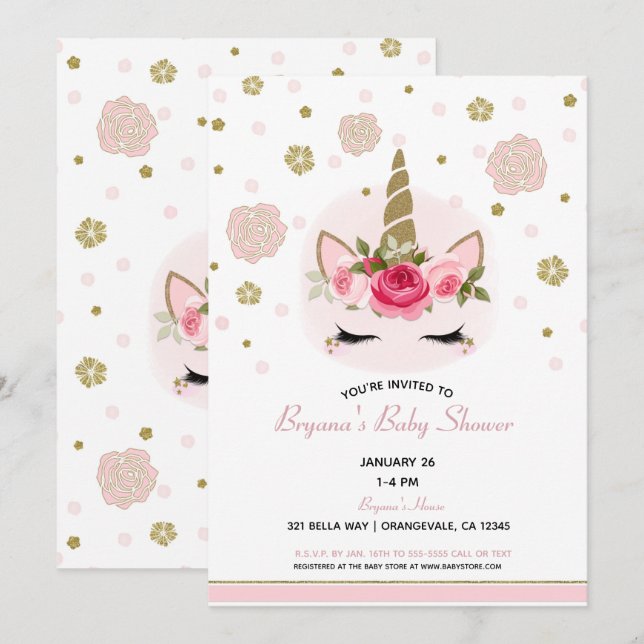 Floral Glam Gold Glitter Unicorn Baby Shower Invitation (Front/Back)