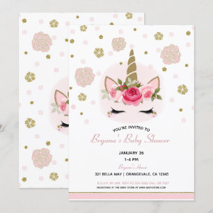 Floral Glam Gold Glitter Unicorn Baby Shower Invitation