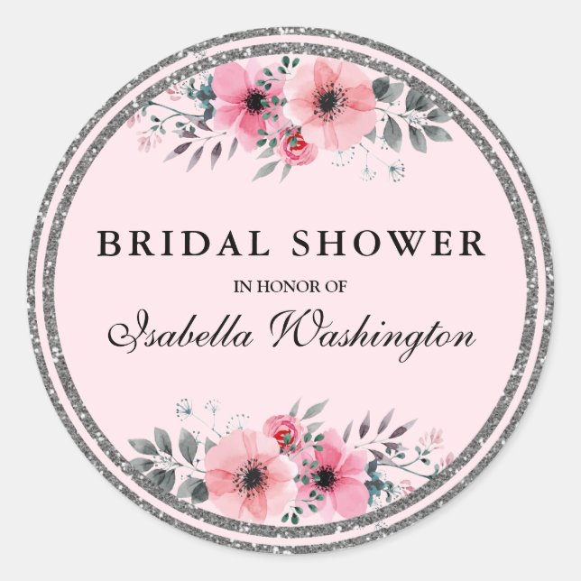 Floral Glam Silver Glitter Border Bridal Shower Classic Round Sticker (Front)
