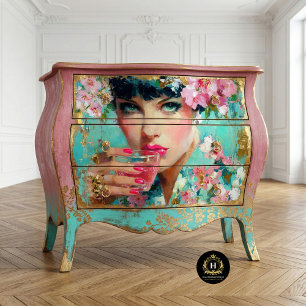 Floral Glam Woman with Pink Drink Decoupage  Tissue Paper