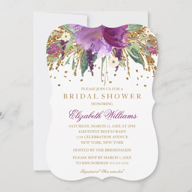 Floral Glitter Amethyst Bridal Shower Invitation (Front)