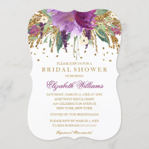 Floral Glitter Amethyst Bridal Shower Invitation
