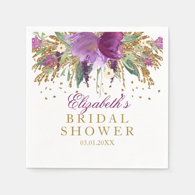 Floral Glitter Amethyst Bridal Shower Napkins (Front)